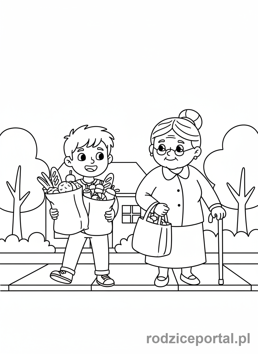 Kolorowanka Dobre Nawyki - Chłopiec pomaga babci