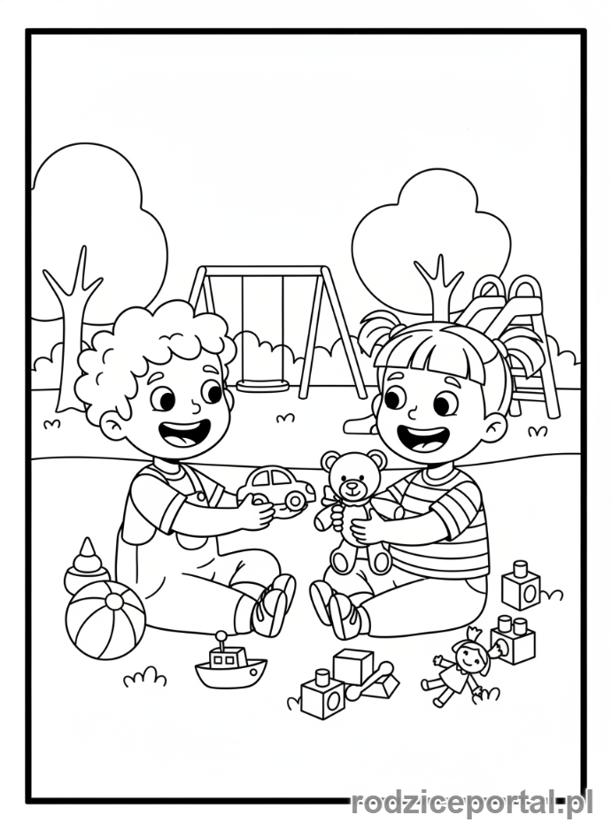 Kolorowanka Dobre Nawyki - Dziecko dzieli się zabawkami