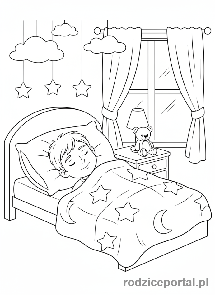 Kolorowanka Dobre Nawyki - Dziecko śpi w łóżku