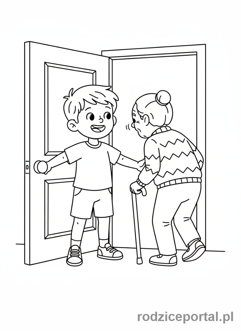 Kolorowanka Dobre Zachowanie - Chlopiec otwiera drzwi starszej osobie