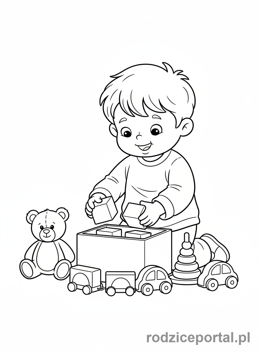 Kolorowanka Dobre Zachowanie - Chlopiec sprzata klocki