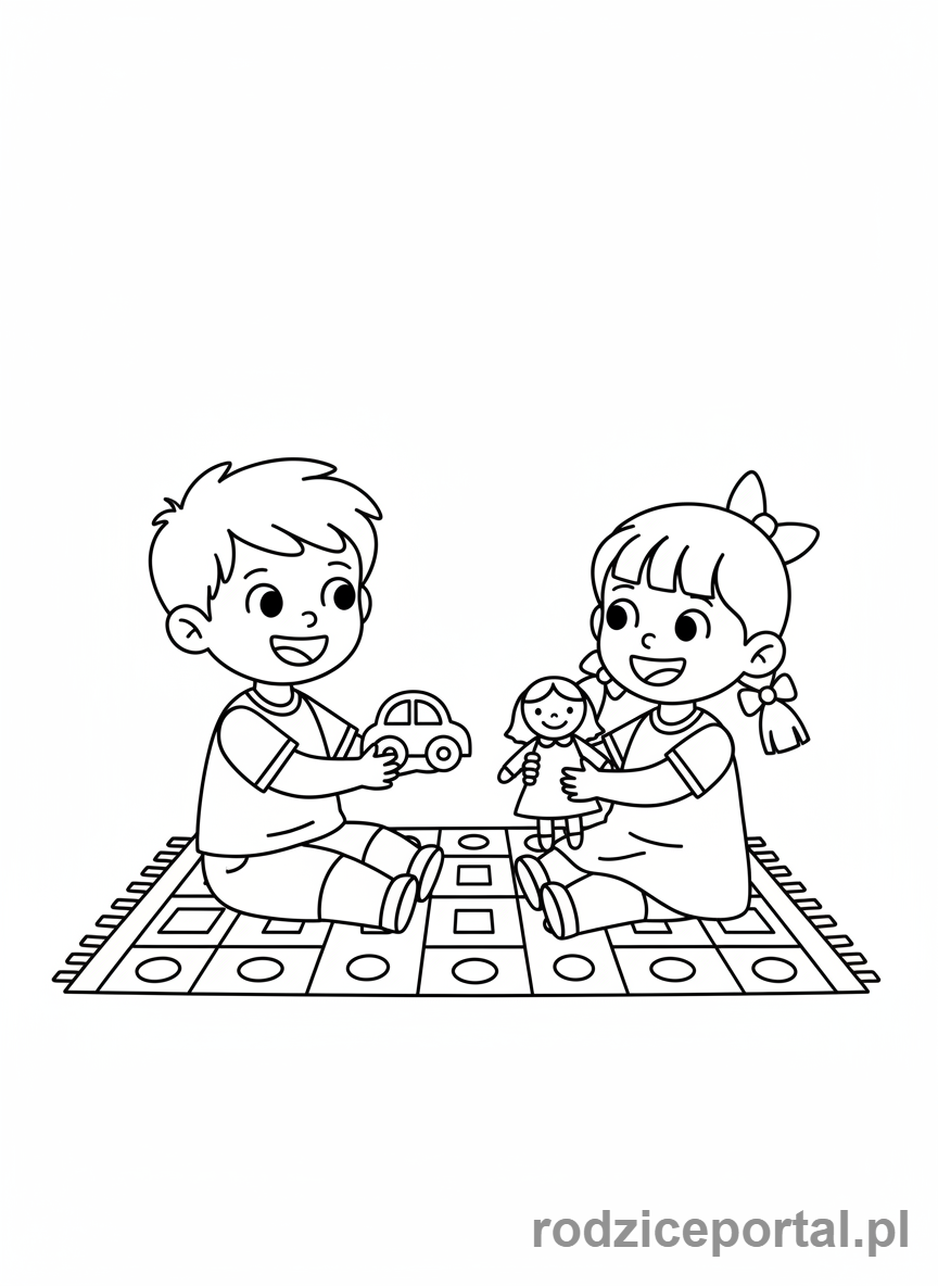 Kolorowanka Dobre Zachowanie - Dzieci dzielace sie zabawkami