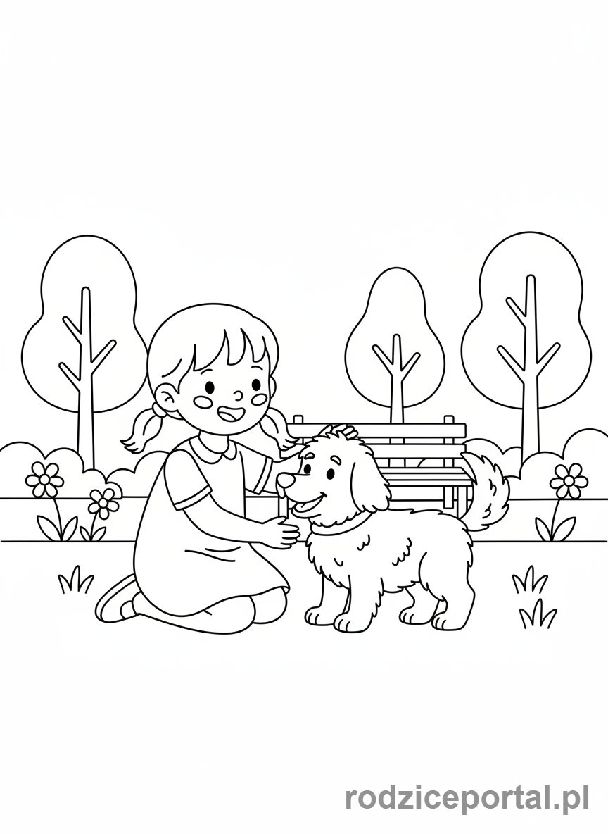 Kolorowanka Dobre Zachowanie - Dziewczynka glaszczaca psa