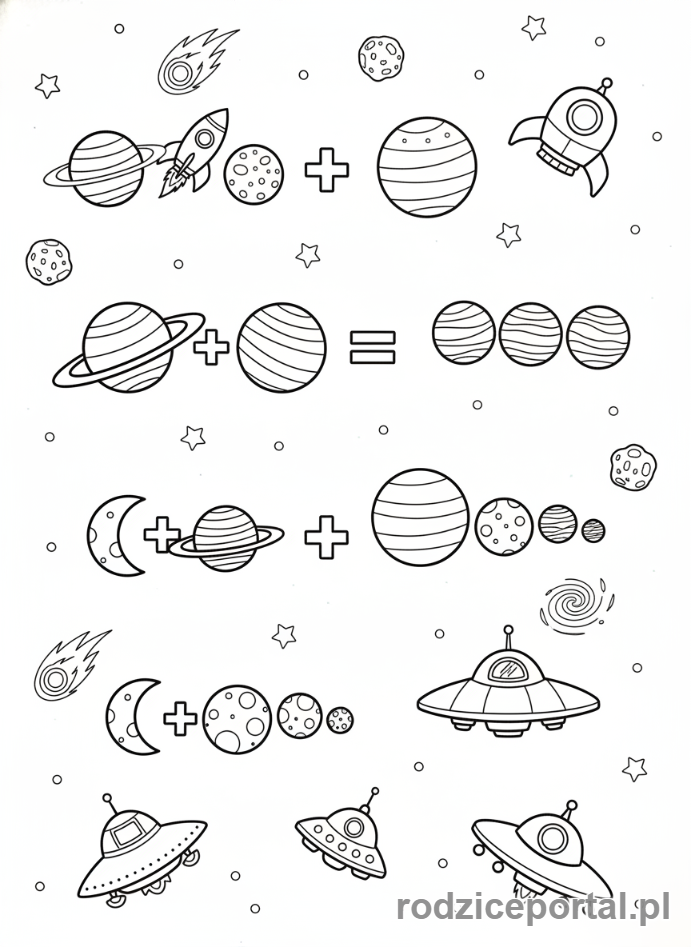 Kolorowanka Dodawanie I Odejmowanie - Kosmiczne statki i planety