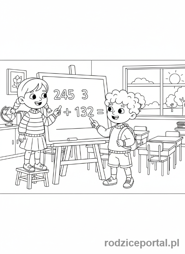 Kolorowanka Dodawanie I Odejmowanie - Uczniowie z tablicą