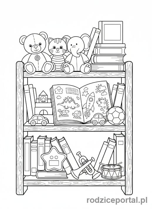 Kolorowanka Dom Rodzinny - Detal zabawek na półce