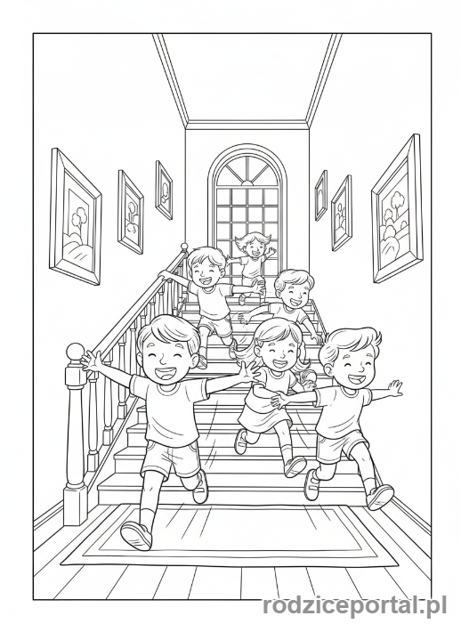 Kolorowanka Dom Rodzinny - Dzieci biegnące po schodach