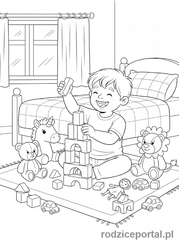 Kolorowanka Dom Rodzinny - Dziecko bawi się w pokoju
