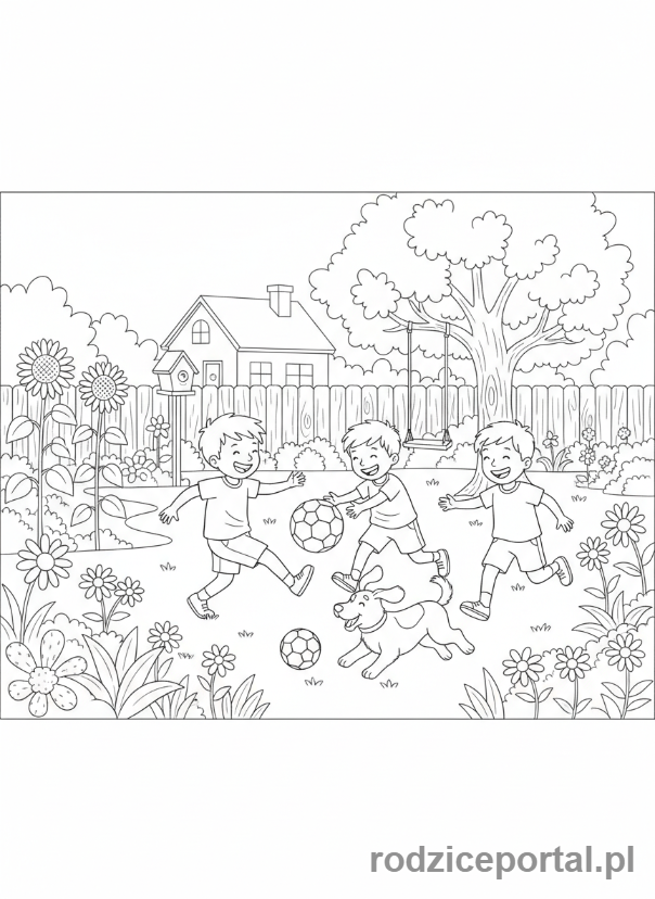 Kolorowanka Dom Rodzinny - Zabawa w ogrodzie