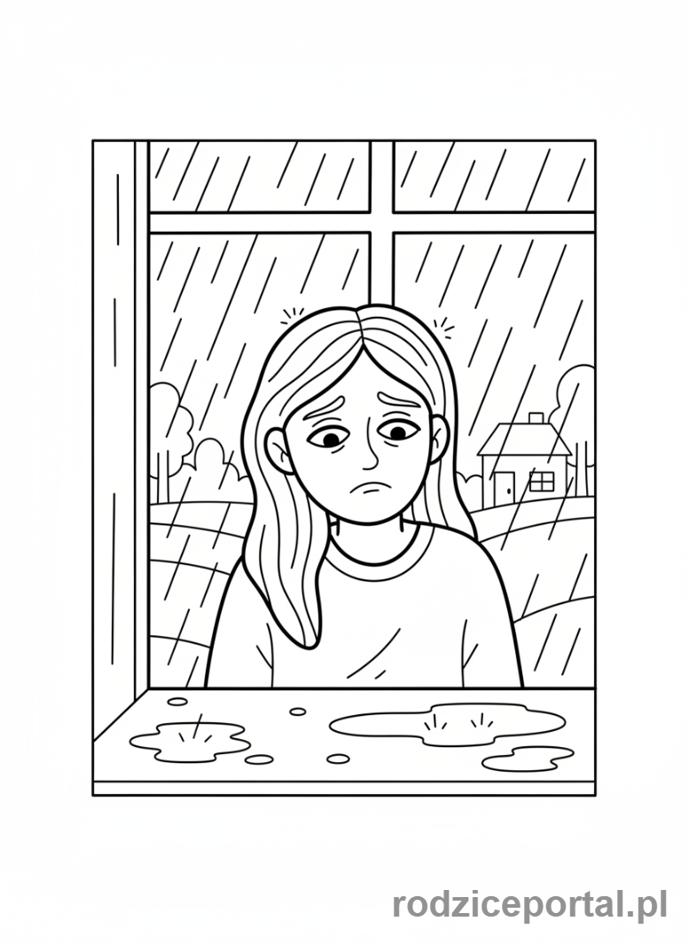 Kolorowanka Drama - Smutek przy oknie, deszcz