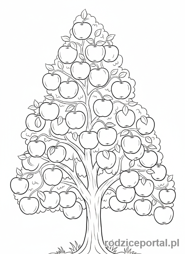 Kolorowanka Drzewa Zadania - Drzewo pełne dojrzałych, wiszących jabłek.