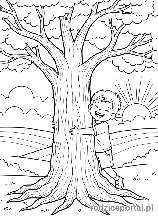 Kolorowanka Drzewa Zadania - Dziecko przytula pień dużego drzewa.