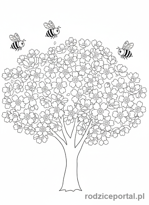 Kolorowanka Drzewa Zadania - Kwitnące drzewo wiosną z pszczołami.