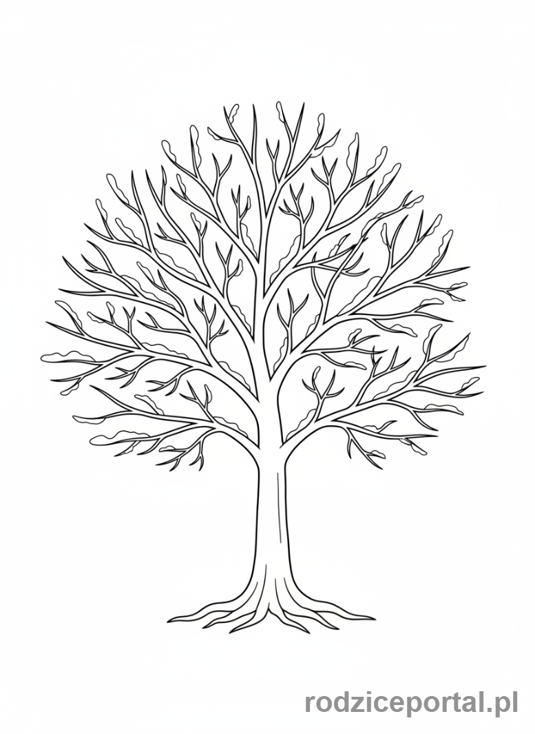 Kolorowanka Drzewa Zadania - Nagie drzewo zimą pokryte śniegiem.