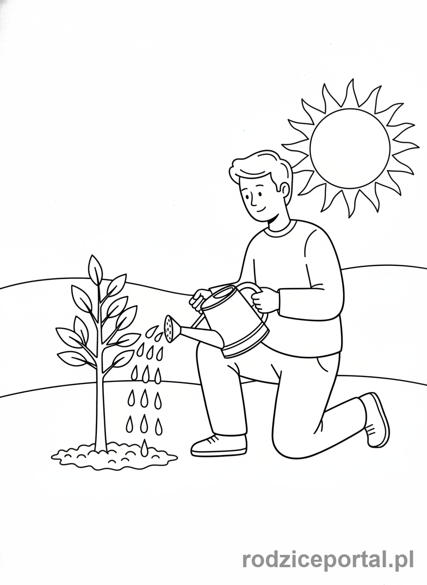Kolorowanka Drzewa Zadania - Osoba podlewa młode drzewo konewką.