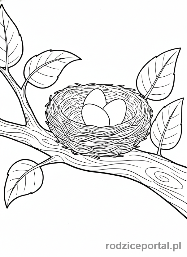 Kolorowanka Drzewa Zadania - Ptasie gniazdo z jajkami na gałęzi.