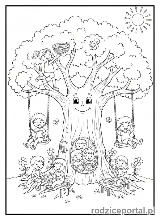Kolorowanka Drzewo - Dzieci przy drzewie