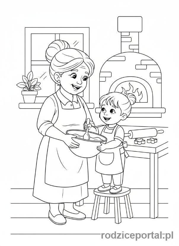 Kolorowanka Dziadkowie - Babcia piecze ciasto