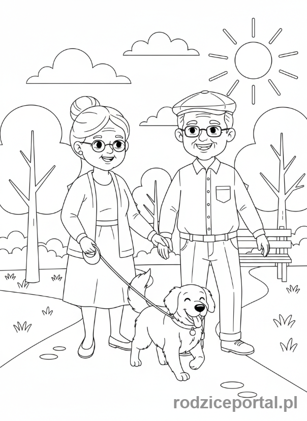 Kolorowanka Dziadkowie - Dziadkowie z psem