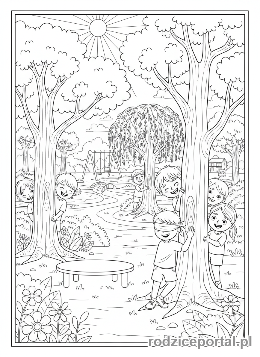Kolorowanka Dzień Dziecka - Dzieci bawią się w chowanego