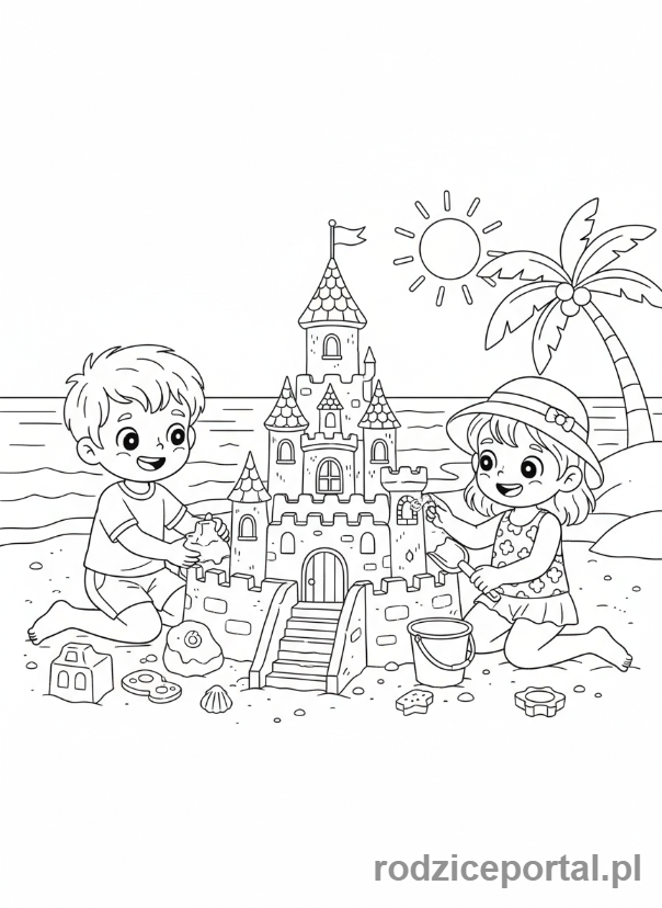 Kolorowanka Dzień Dziecka - Dzieci budują zamek z piasku