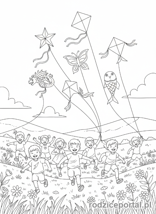 Kolorowanka Dzień Dziecka - Dzieci puszczające latawce