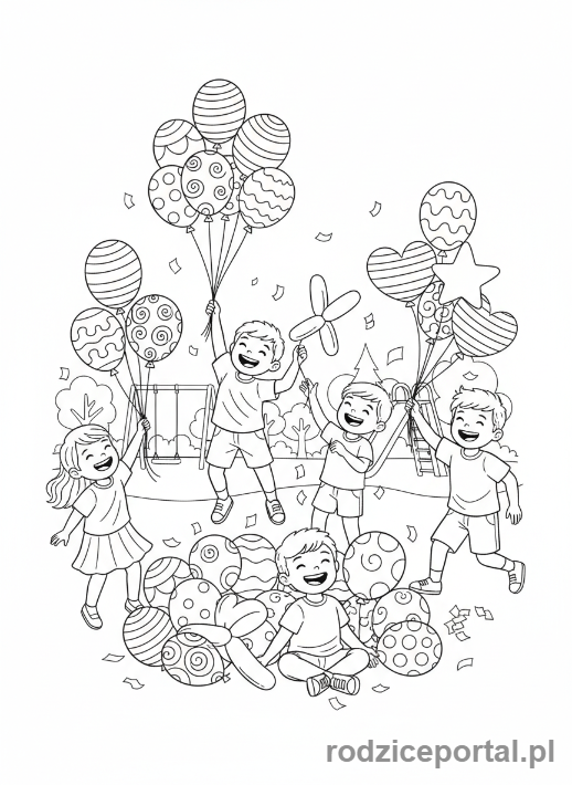 Kolorowanka Dzień Dziecka - Dzieci z balonami