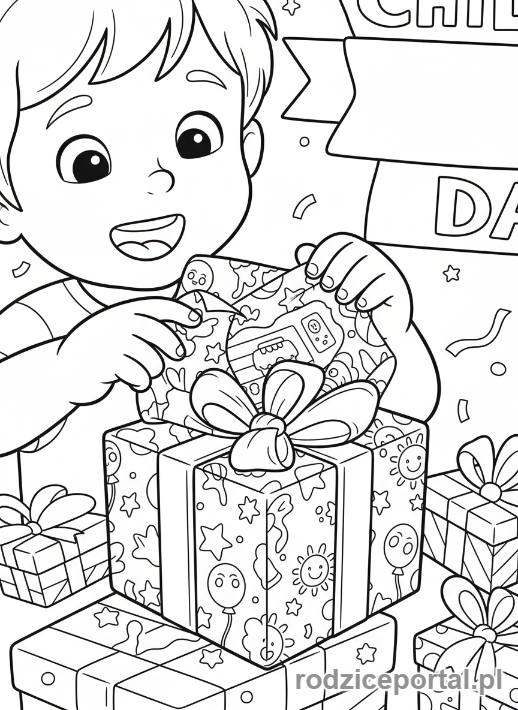 Kolorowanka Dzień Dziecka - Dziecko dostaje prezent