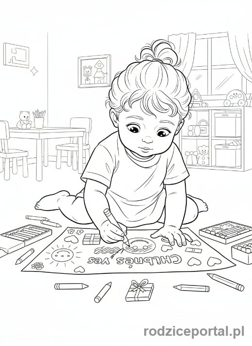 Kolorowanka Dzień Dziecka - Dziecko rysuje kredkami