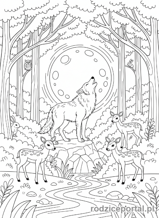 Kolorowanka Dzień I Noc - Leśne polowanie w świetle księżyca