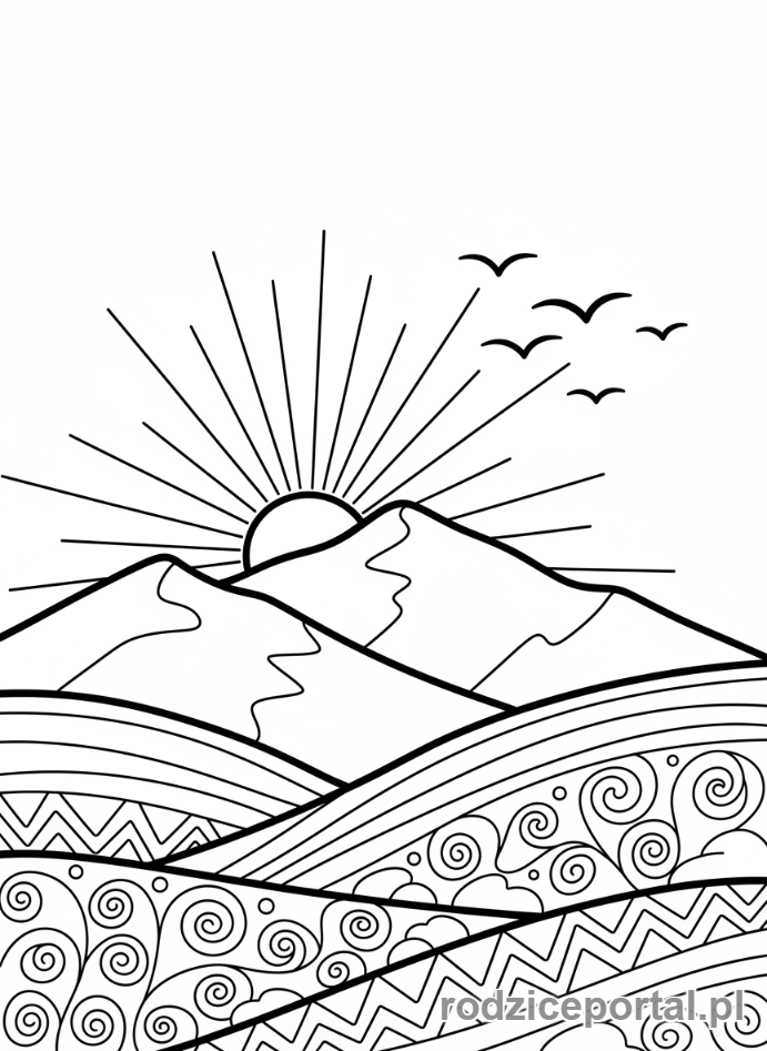 Kolorowanka Dzień I Noc - Wschód słońca nad górami