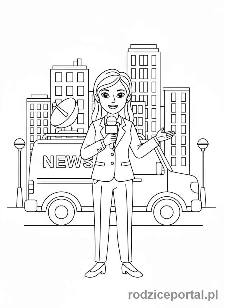 Kolorowanka Dziennikarz - Wóz transmisyjny w tle
