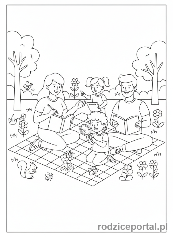 Kolorowanka Edukacja Domowa - Rodzina ucząca się na dworze