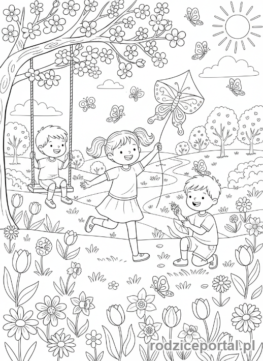 Kolorowanka Edukacyjne - Dzieci bawia sie wiosna
