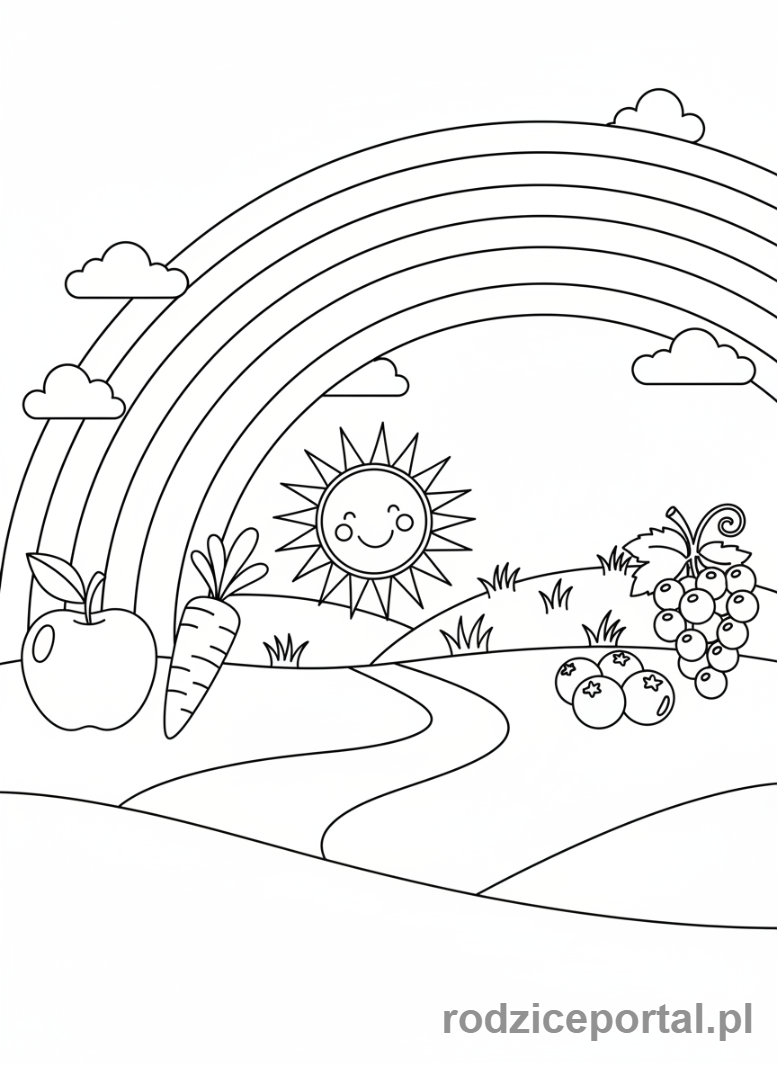 Kolorowanka Edukacyjne - Tecza z kolorowymi przedmiotami