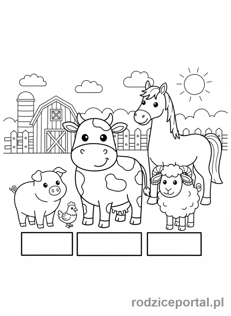 Kolorowanka Edukacyjne - Zwierzeta na farmie podpisy