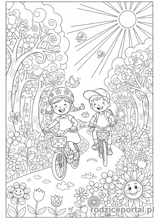 Kolorowanka Ekologia Dla Dzieci - Dzieci na rowerach