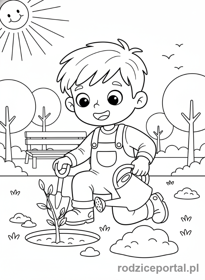 Kolorowanka Ekologia Dla Dzieci - Dziecko sadzi drzewko