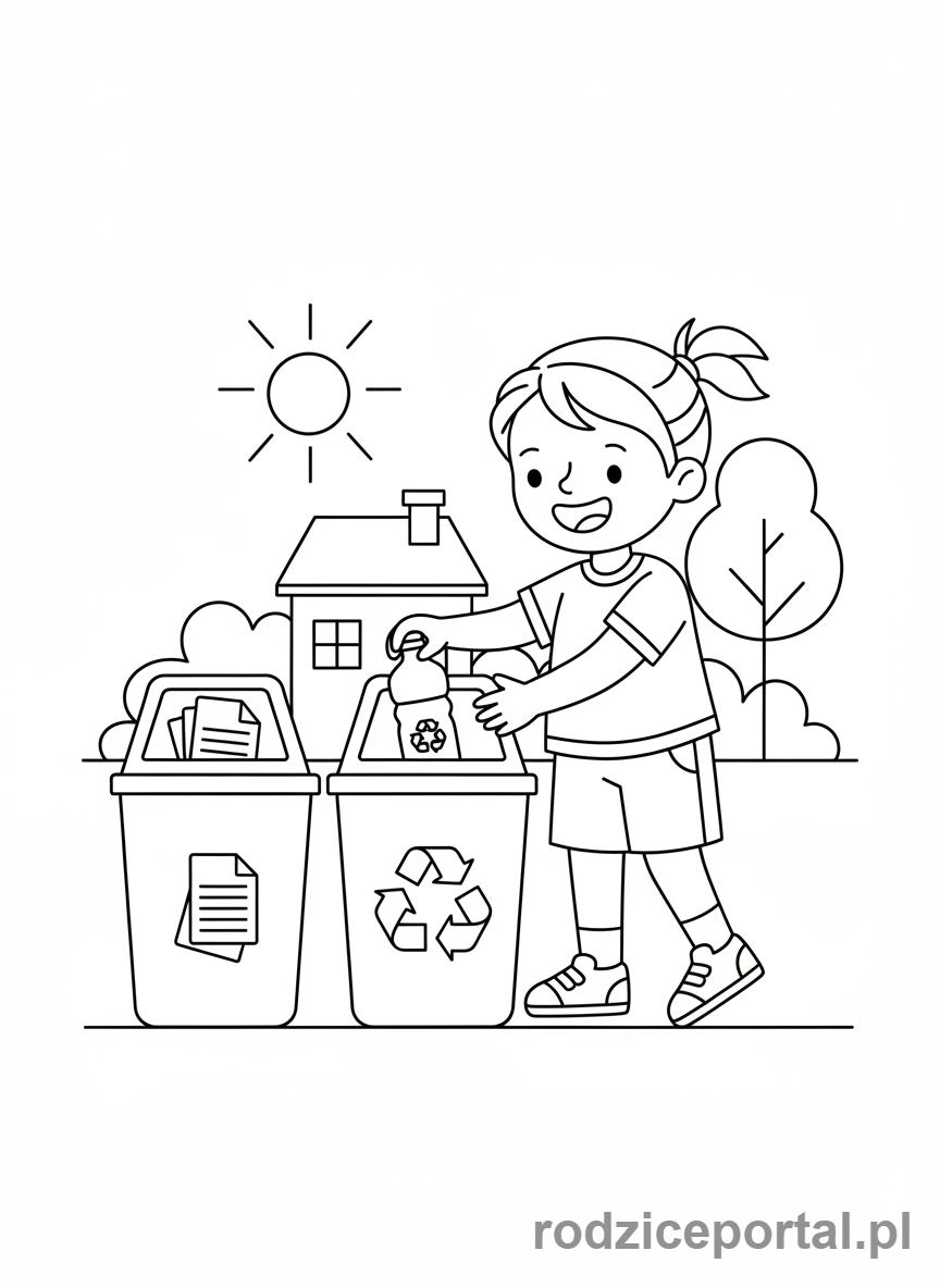 Kolorowanka Ekologia Dla Dzieci - Dziecko segreguje smieci