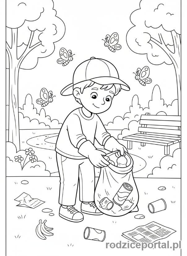 Kolorowanka Ekologia Dla Dzieci - Dziecko zbiera smieci