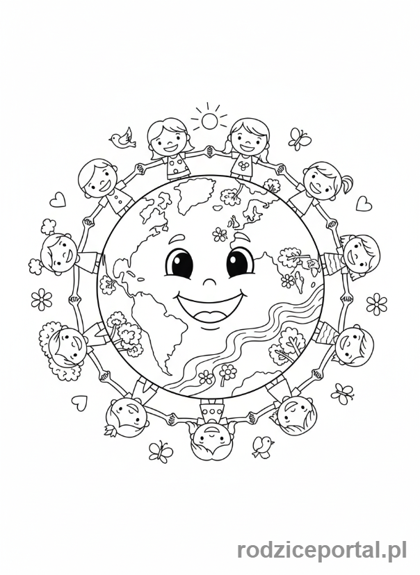 Kolorowanka Ekologia Dla Dzieci - Szczesliwa Ziemia i dzieci