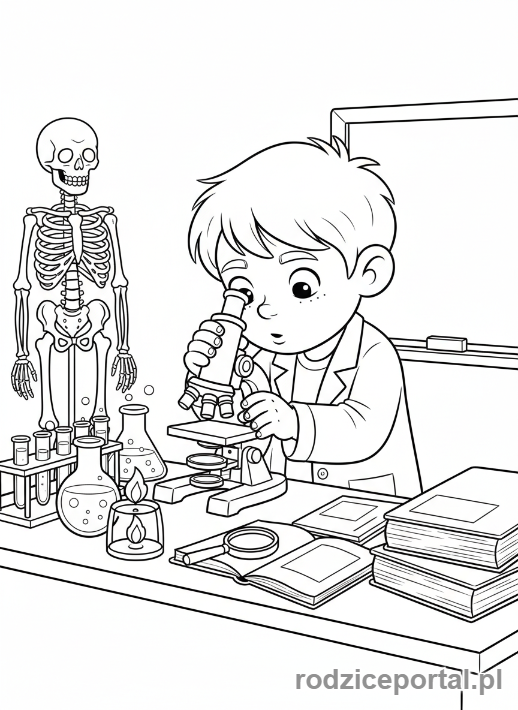 Kolorowanka Eksperymenty - Dziecko przy mikroskopie