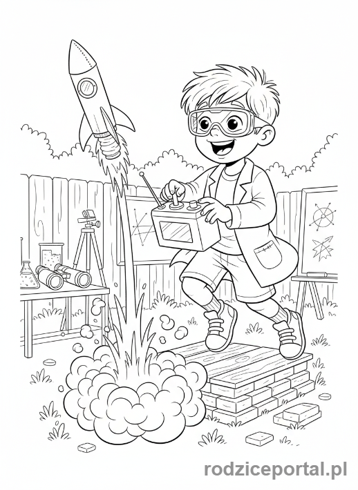 Kolorowanka Eksperymenty - Dziecko startuje rakietę