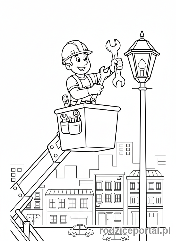 Kolorowanka Elektryk - Elektryk naprawia uliczne światło