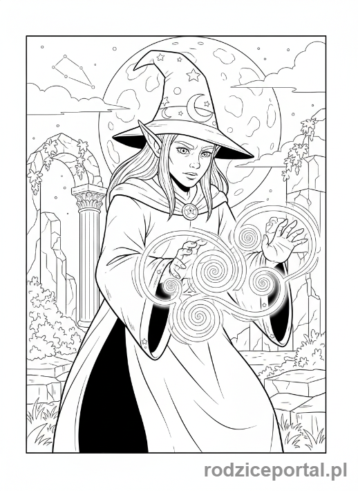 Kolorowanka Elf - Elf czarodziej rzucający zaklęcie