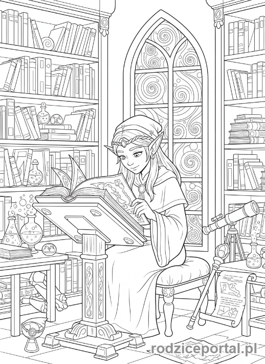 Kolorowanka Elf - Elf czytający księgę