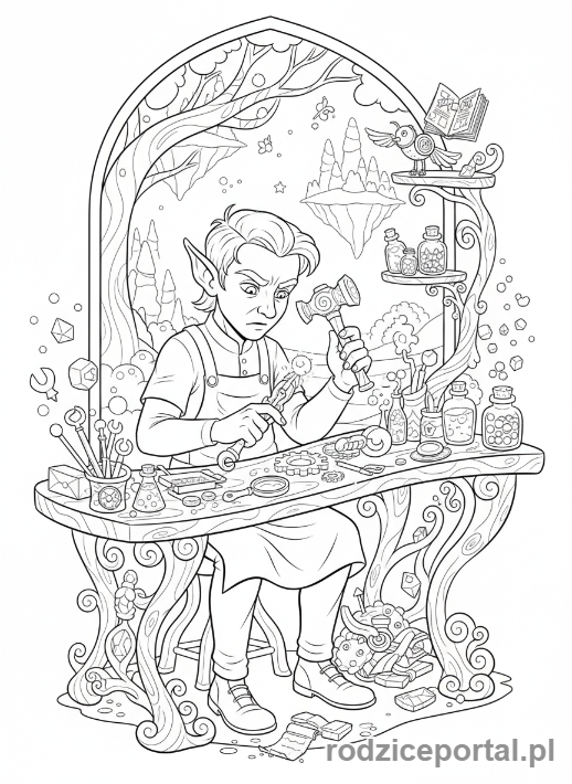 Kolorowanka Elf - Elf rzemieślnik w pracy