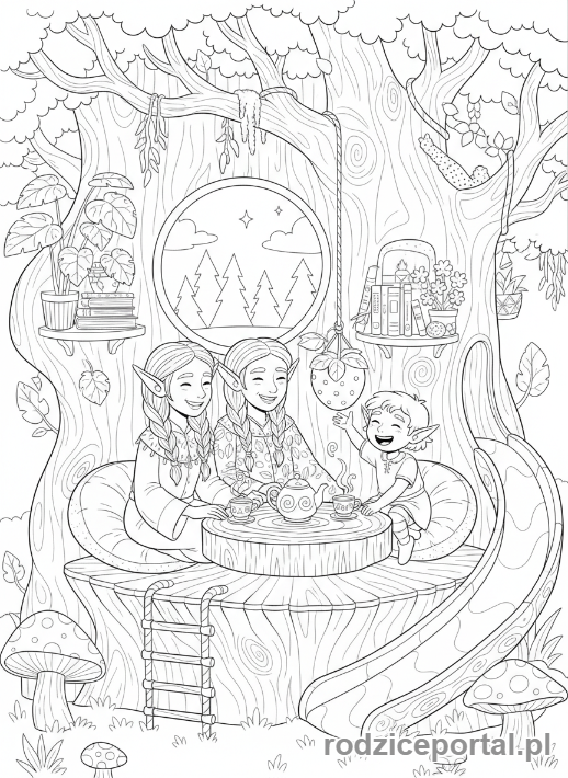 Kolorowanka Elf - Rodzina elfów w domu