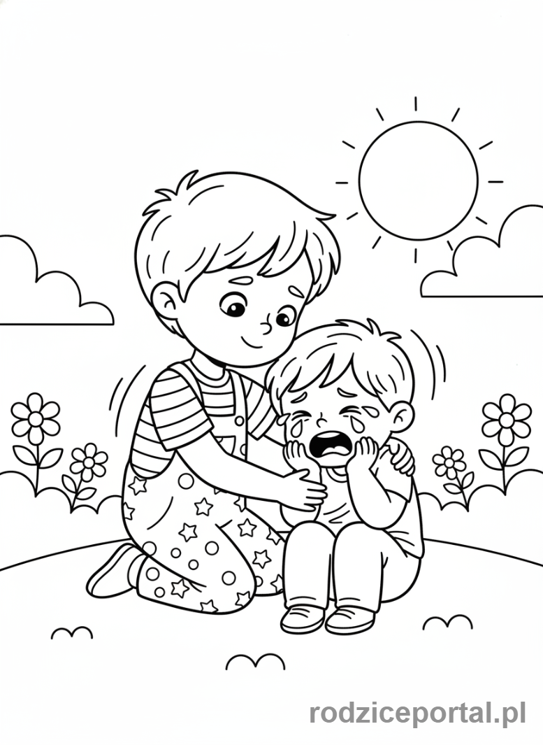 Kolorowanka Emocje Codzienne - Dziecko pociesza płaczącego