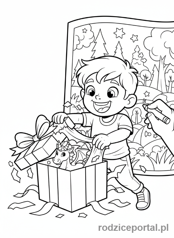 Kolorowanka Emocje Codzienne - Dziecko podekscytowane prezentem